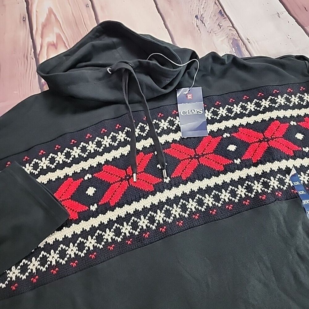 Chaps Womens XXL Holiday Christmas Print Drawstring Cowl Neck Black Red Long NWT